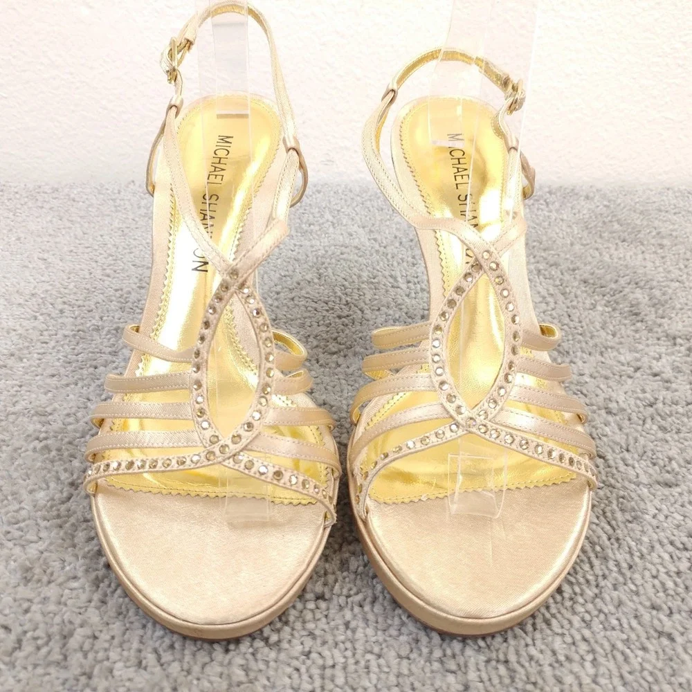 Michael Shannon Jordy Womens 9 Shoes Open Toe Gold Rhinestone Slingback Heels